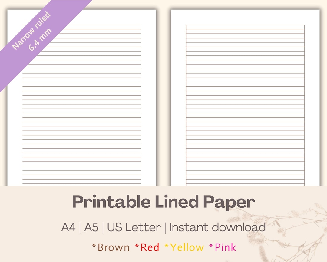 Printable Lined Paper 6.4mm | Narrow Ruled | Brown, Red, Yellow, Pink ...