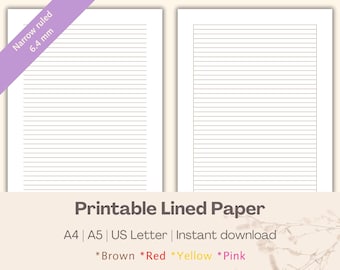 May include: Printable lined paper in A4, A5, and US Letter sizes. The paper has narrow lines spaced 6.4 mm apart. The paper is available in brown, red, yellow, and pink.