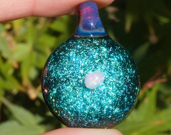 Mega-sparkle dichroic glass pendant, blue/cyan with white opal.  Comes with necklace and box.