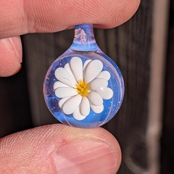 Hand-blown Glass Flower Pendant: Handmade Borosilicate Necklace, Silver Chain