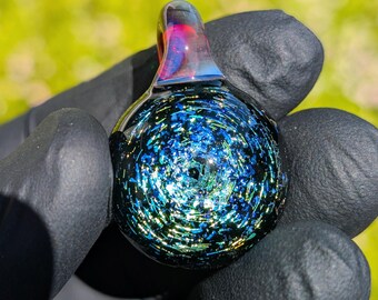 Aqua/green/blue dichro glass pendant with purple highlights.  Comes with necklace and box.