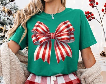 キャンディケインストライプコケットボウ、クリスマス、DTF、PNG、昇華、Tシャツデザイン、デジタルダウンロード