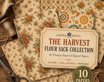 Vintage Fall Digital Papers, 1930s Flour Sack Inspired, Autumn Junk Journal & Scrapbook Patterns