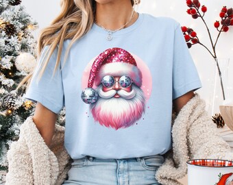 レトロピンクのディスコサンタ、グルーヴィーなクリスマスPNG（デジタルダウンロード）