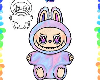 Digitale download van Labubu | Schattige Labubu-illustratie | Afdrukbare kunst in kleur en zwart-wit
