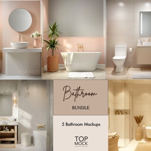 Bathroom Mockup Bundle, Set of 5 Bathroom Images, Wall Art Mockup, Interior Mockup, Pink Bathroom Mockup, Boho Bathroom, Digital Download