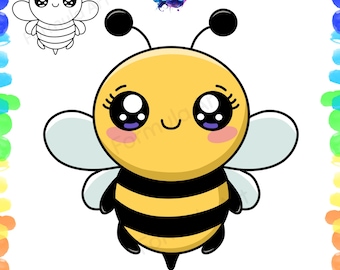 Descarga digital de abeja kawaii / Ilustración de abeja linda / Arte imprimible en color y blanco y negro