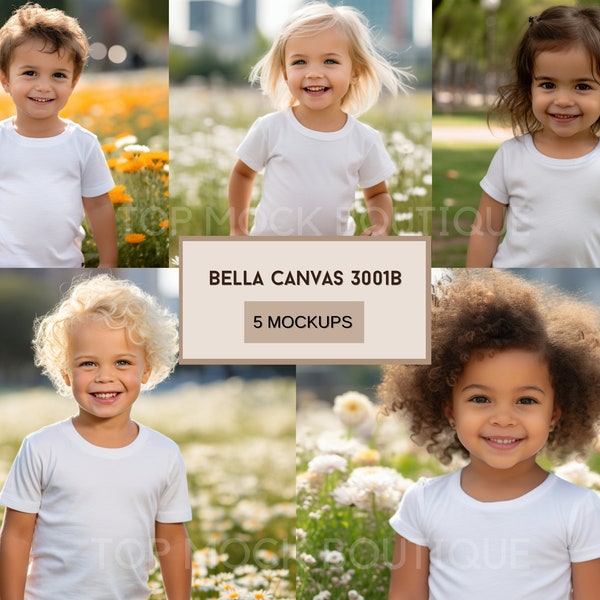 Bella Canvas 3001B Mockup Bundle, Kids Blank White Shirt Mockup, White Bella Canvas 3001B Template, Children Tshirt Mockup, Digital Download