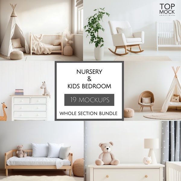 Nursery + Kids Bedroom Whole Section Bundle, 19 Kids Bedroom Nursery JPG Images, Interior Mockup, Minimalist Kids Room Mockup, Kids Bedroom