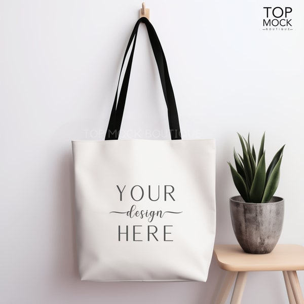 Tote bag mockup, Black Handle Tote Mockup, Blank Tote Bag, Tote Bag (AOP) JPG image, Digital Download