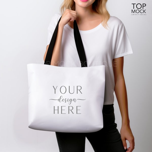 Tote bag mockup, Black Handle Tote Mockup, Blank Tote Bag, Tote Bag (AOP) JPG image, Digital Download