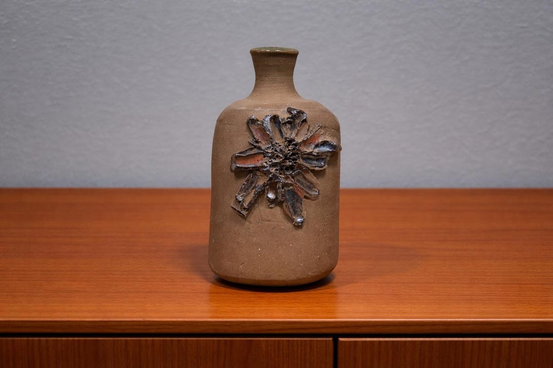 Vintage Studio Pottery Bottle Vase Brutalist Flower Relief Mid Century ...