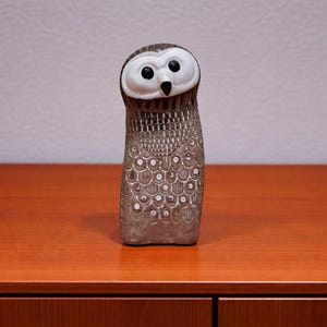 May include: A ceramic owl figurine with a white face, black eyes, and a brown and tan body. The owl has a detailed pattern of lines and circles. The figurine is standing on a wooden surface.