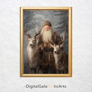 Vintage Santa and Reindeer Christmas Art Print (Digital Download)