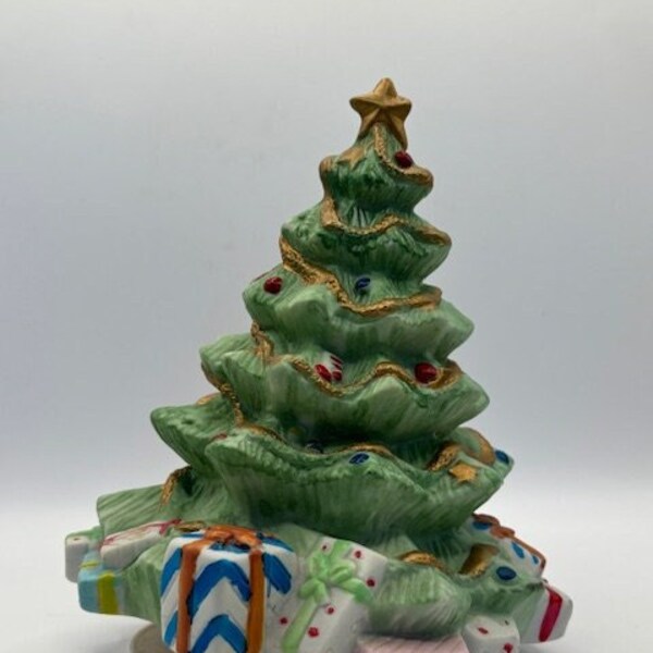 Crooked Ceramic Christmas Tree Music Box Plays "Oh Christmas Tree" Made in Taiwan