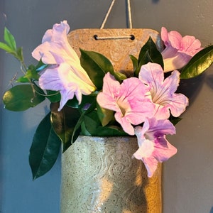 Stunning Embossed Studio Pottery Wall Pocket Vase Beautiful Detail With Splashes of Purple on Beige Piece