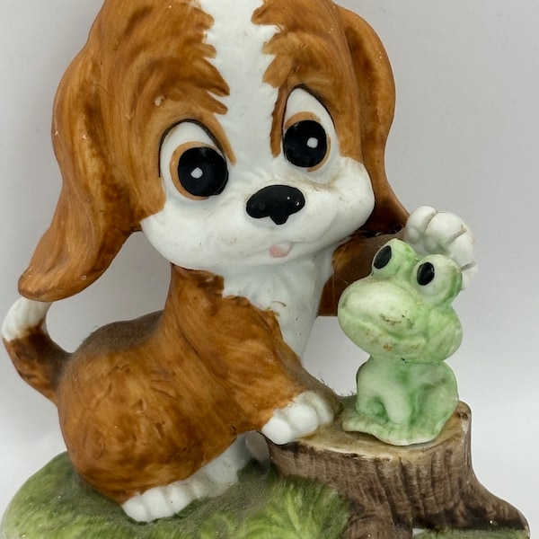 Darling Lefton Big Eyed Puppy and Turtle Friend Figurine c1960s Vintage Dog Figurine Sticker Remains on the Bottom Made in Taiwan