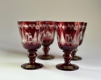 Antique Vintage Set of 4 Egermann Red Etched Goblets With Original Stickers Czech Republic Pioneering Technique Used to Make Crystal Red