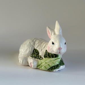 Vintage Ceramic Bunny Laying in Cabbage Leaves White Bunny Rabbit with Pink Cheeks and Ears Mid-Century