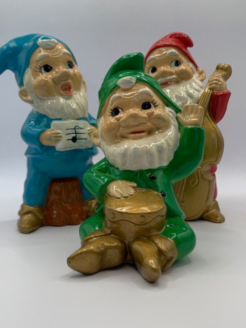 Three Vintage Gnomes Elves Playing Instruments C1960s Made in Japan