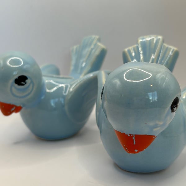 Identical Set of Vintage Shawnee Pottery Blue Bird Planters Paint is worn but the ceramic itself is in great condition