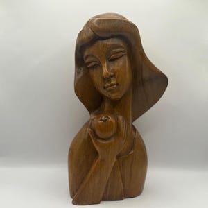 Mid Century Vintage Bust of Woman&#39;s Head Possibly Hawaiian Holding Apple Fruit Heavy Beautifully Carved Out of Real Wood