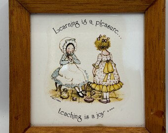 c1974 Holly Hobby Ceramic Tile Wall Plaque 5 x 6 Vintage 'Ring' For Hanging on Nail Made In Japan Learning is a pleasure, Teaching is a joy