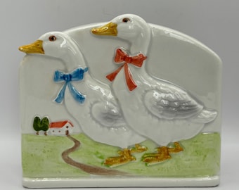 Vintage Otagiri Japan Ceramic Ducks Geese with Bows Hand Crafted Stationary and Pen Holder Very cute Farmhouse Vibe