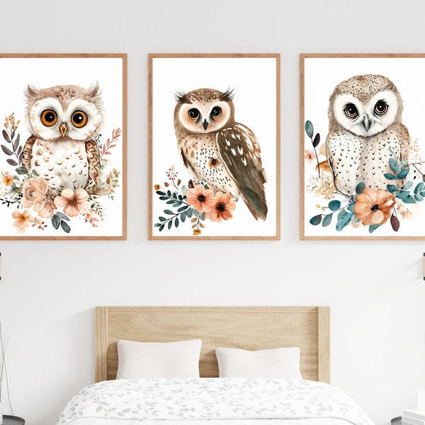 Baby Owls with Florals, Gallery Wall, Kid's Bedroom, Nursery, Gender Neutral, Home Decor, Digital Prints, Artwork, Boho