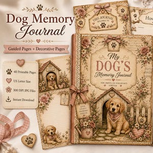 Dog Memory Journal Printable, Vintage Puppy Keepsake Book, 40 US Letter Pet Milestone and Health Record Pages, Digital Download