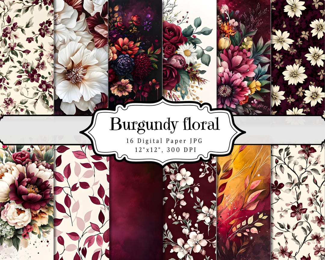 Burgundy Floral Digital Paper, Dark Red Floral Junk Journal, Flower ...