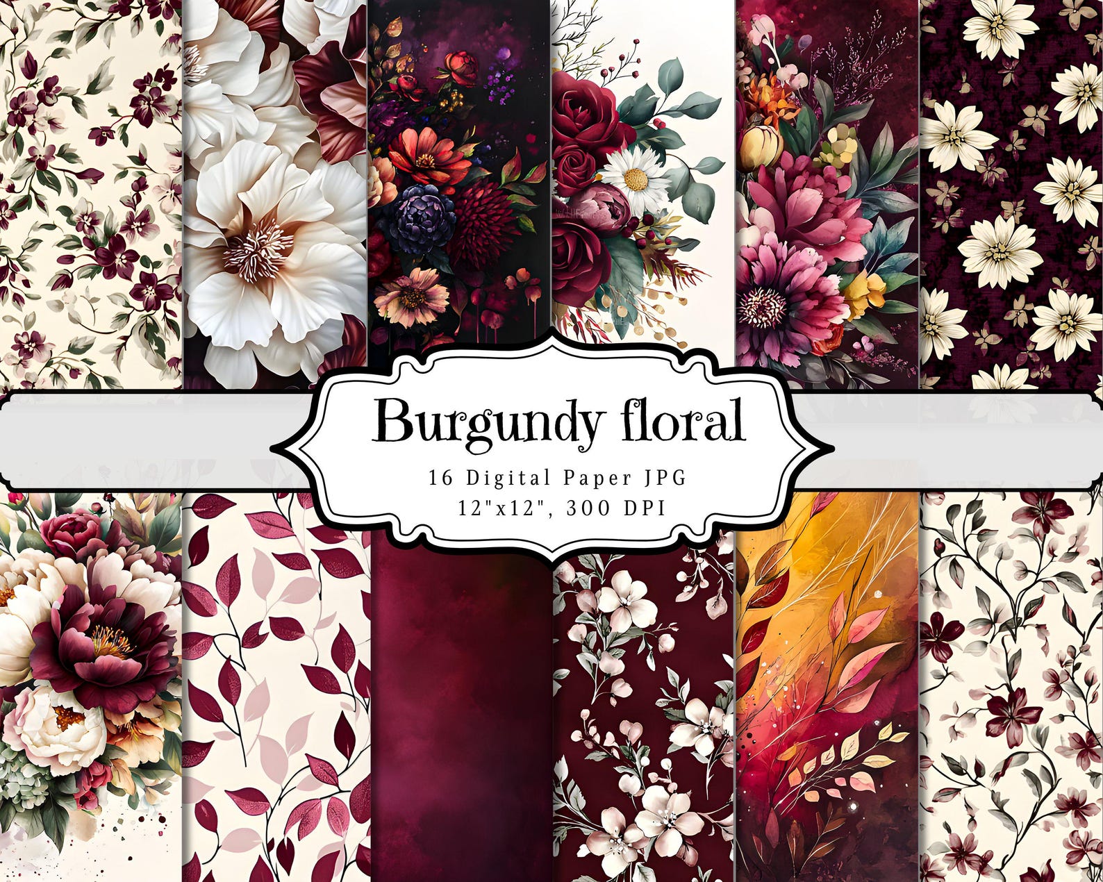 Burgundy Floral Digital Paper, Dark Red Floral Junk Journal, Flower ...