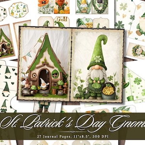 Journal de la Saint-Patrick, éphémères imprimables gnome irlandais, feuille de collage scrapbooking trèfle vintage, technique mixte ATC de fond
