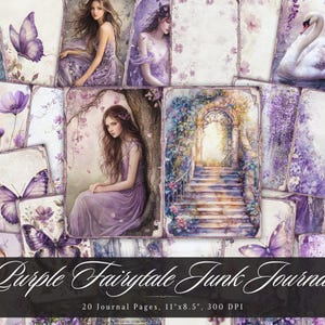 Papel de diário roxo de conto de fadas, aquarela floral para impressão de itens efêmeros, colagem de scrapbook vintage chique e surrado, fundo de mídia mista ATC