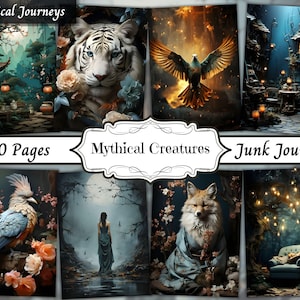 Puede incluir: Un collage de imágenes con criaturas míticas y escenas. Las imágenes incluyen un tigre blanco, un pájaro con las alas extendidas, una pequeña casa en un bosque, un pájaro azul con una cola larga, una mujer en un bosque, un zorro con una bufanda azul y un sofá en un bosque. El texto "Mystical Journeys", "50 Pages", "Mythical Creatures" y "Junk Journal" está incluido en el collage.