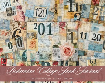 Diario de collage bohemio, efímeros imprimibles bohemios vintage, hoja de collage shabby chic para scrapbooking, para scrapbooking
