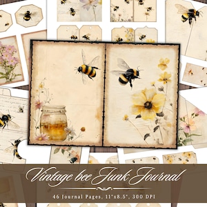 Vintage Bee Junk Journal Paper, Honey Bumble Bee afdrukbare efemere verschijnselen, digitaal plakboek collageblad, achtergrond honingraatbijen Mixed Media