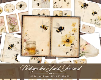 Papel vintage de diario con abejas, efímera imprimible de miel y abejorros, hoja de collage digital, fondo de panal de abejas, técnica mixta