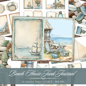 Pages de carnet de bordel de maison de plage, documents éphémères imprimables d'eau de mer nautique, collage shabby chic numérique océan, feuille de scrapbooking vintage aquarelle