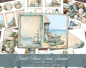 May include: A digital printable junk journal kit with 31 pages featuring a beach house theme. The kit includes images of a beach house, a sailboat, seashells, and a lighthouse. The text "Beach House Junk Journal" is displayed at the bottom of the image.