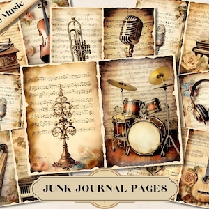 Vintage muziek Junk Journal Kit, afdrukbare Ephemera-pagina's, Vintage Shabby Chic, Scrapbooking Collage, Journaling Supplies, kieskeurige ATC-kaart JPG
