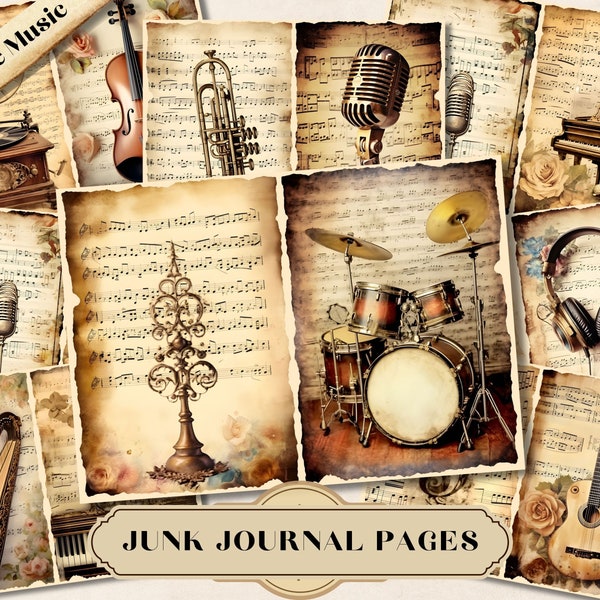 Vintage Music Junk Journal Kit, Printable Ephemera Pages, Vintage Shabby Chic, Scrapbooking Collage, Journaling Supplies, Fussy ATC Card JPG