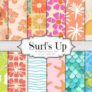 Pode incluir: Uma coleção de 30 arquivos JPG de papel digital com tema tropical. Os designs incluem padrões florais, palmeiras e elementos oceânicos em cores vibrantes. O texto "Surf's Up" é exibido em um rótulo decorativo. Cada papel tem 30x30 cm.