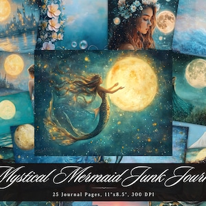 Dziennik śmieci mistycznej syreny, mityczne stworzenie oceaniczne do wydrukowania, arkusz kolażu vintage scrapbooking, strony z mieszanymi mediami tła