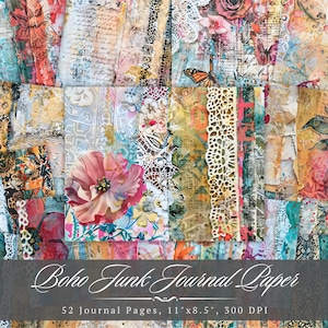 Kit de papel para diario basura bohemio, efímera imprimible bohemia abstracta desgastada, hoja de collage de álbum de recortes digital hippie, patrón de fondo