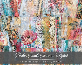 Boho Junk Journal Kit Paper, Distressed Abstract Bohemian Printable Ephemera, Hippie Digital Page Scrapbook Collage Sheet,Background Pattern