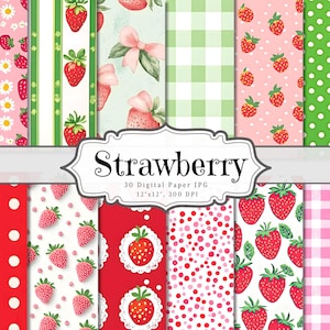Papier numérique fraise, papier éphémère imprimable shabby chic mignon, feuille de collage pour scrapbooking à motifs de fruits, arrière-plan pages techniques mixtes ATC