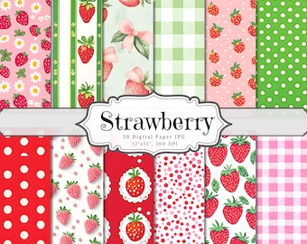 Strawberry Digital Papers, Scrapbook Paper, Seamless Strawberries Pattern, Printable Background, Commercial Use, Instant Download