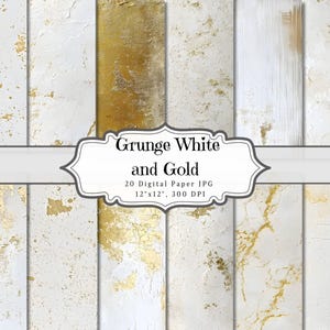 Papel digital grunge branco e dourado, efêmeras imprimíveis de mármore boho com glitter, folha de colagem de scrapbooking vintage, fundo de mídia mista ATC