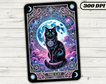 The Cat Tarot Card, Galaxy Kitten Sublimation Design, Celestial Cat Lover T-Shirt Design, Digital Magic Black Cat Tarot, Instant Download